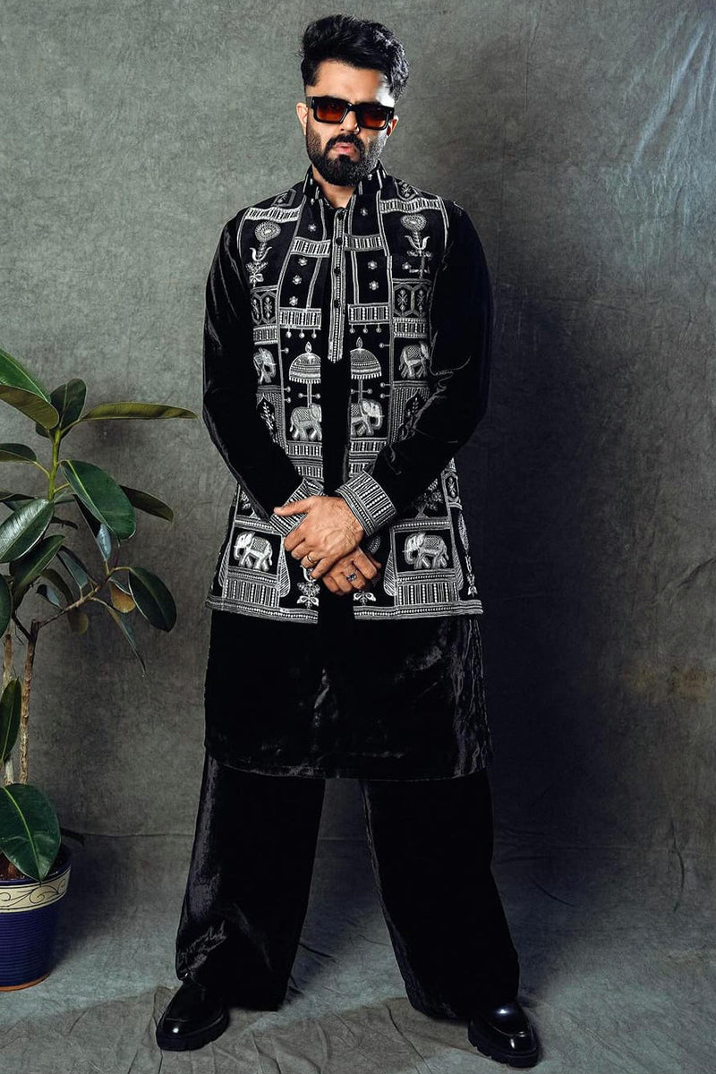 Manish Paul in Black Velvet Kurta Set with Resham Work