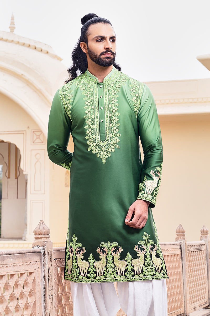 Ombre Green kurta with multi-colored resham work