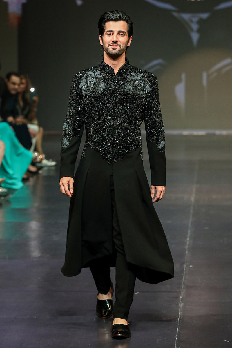 Designer Black Men's Gown with Unique Cuts & Embroidery