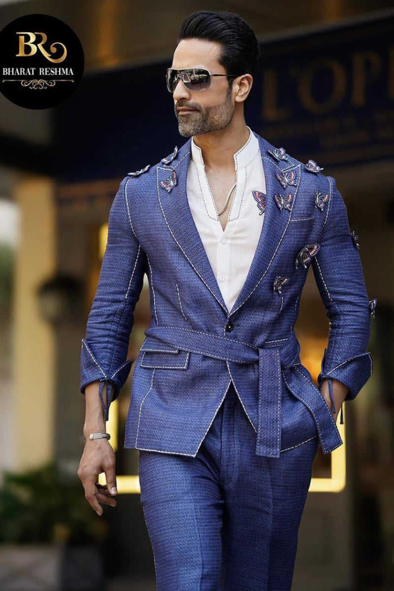 Blue 2 piece suit with hand hamming work