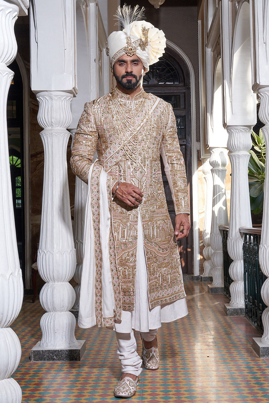Designer Hand Embroidered Gold Sherwani Set for Men