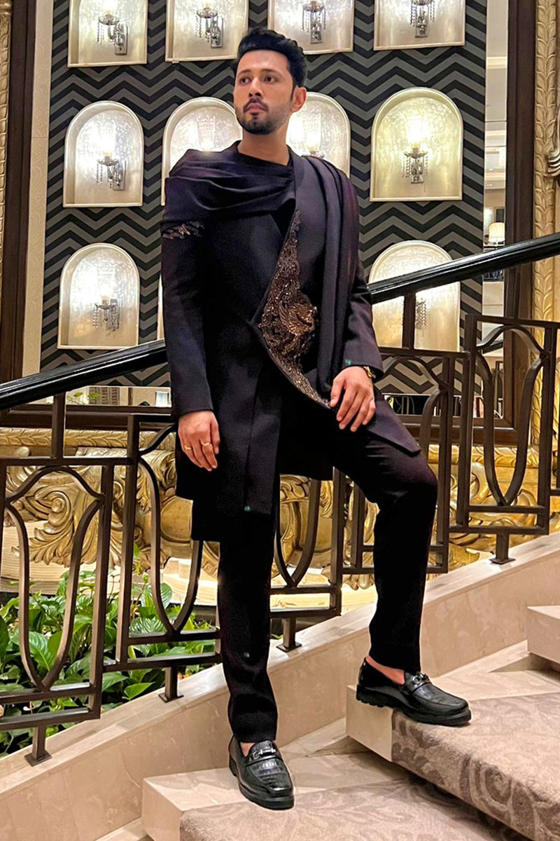 SAHIL-ANAND in Our Black indo western jacket attached with a drape