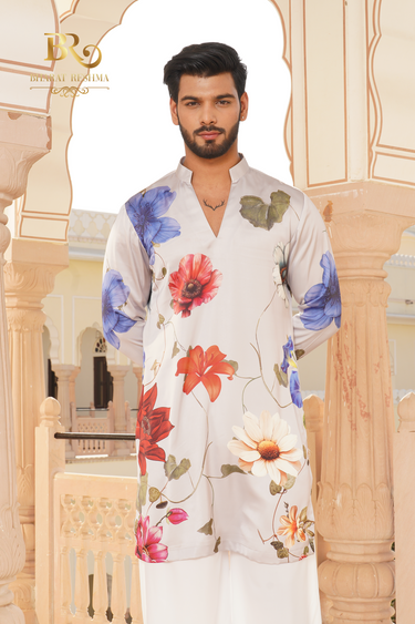 Gray floral digital print kurta set