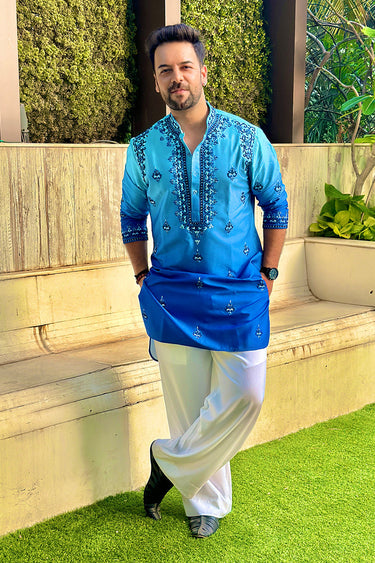 Sanjay Gagnani in Our Blue Silk Embroidery Resham Work Kurta Set - Bharat Reshma
