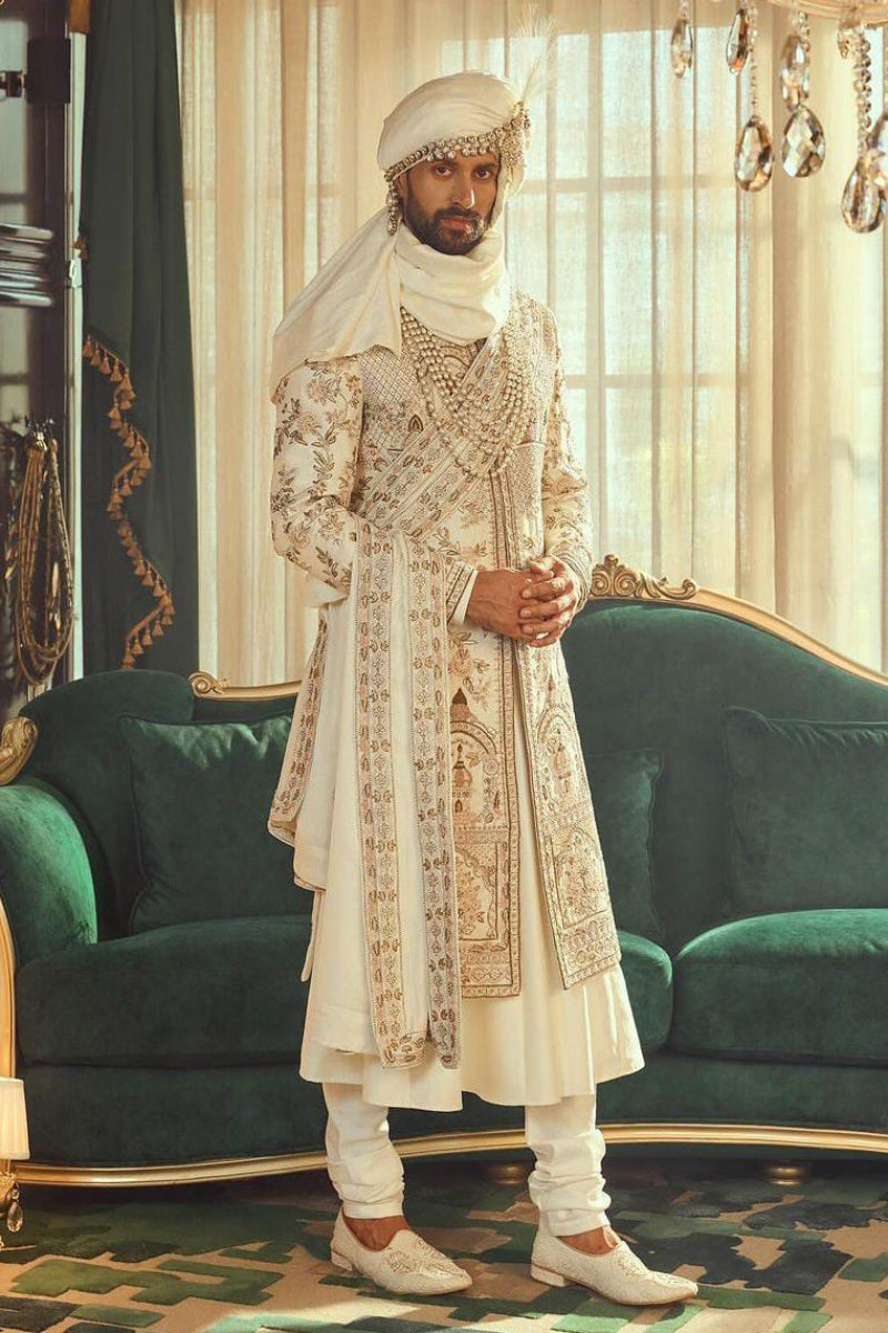 Wedding Sherwani for Groom in Ivory Matka Silk