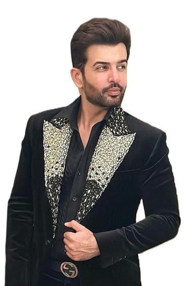 JAY BHANUSHALI in Our Black Embroidery Bead Collar Tuxedo Set - Bharat Reshma