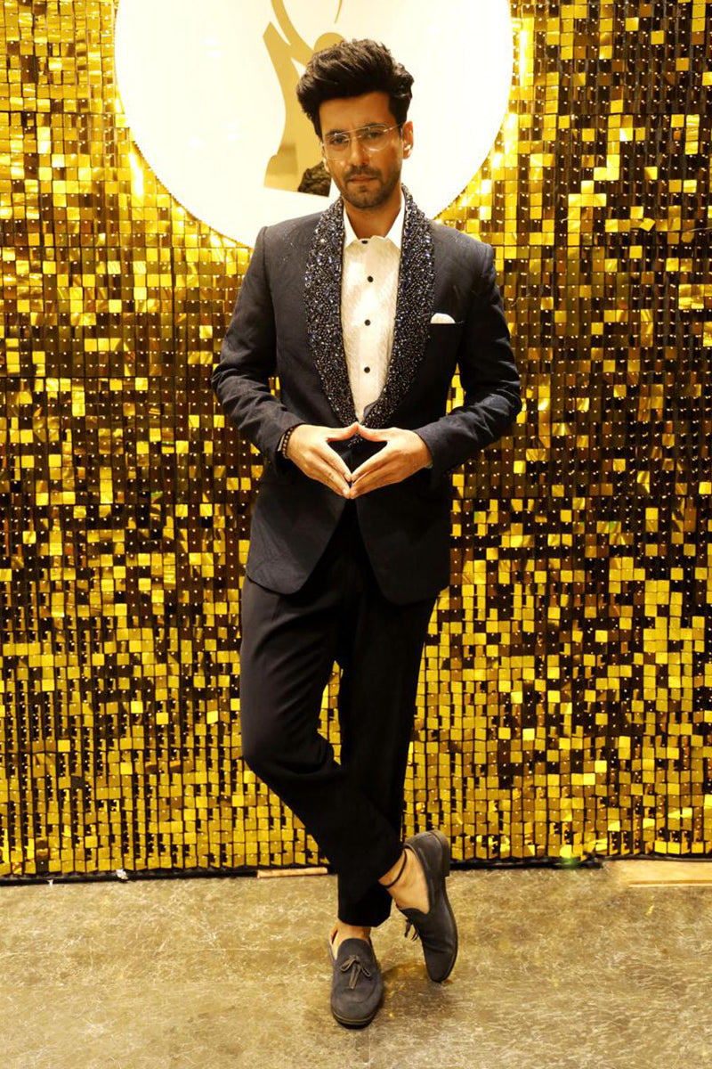 Karanvir Sharma in Blue Blazer with Stone-Embellished Collar