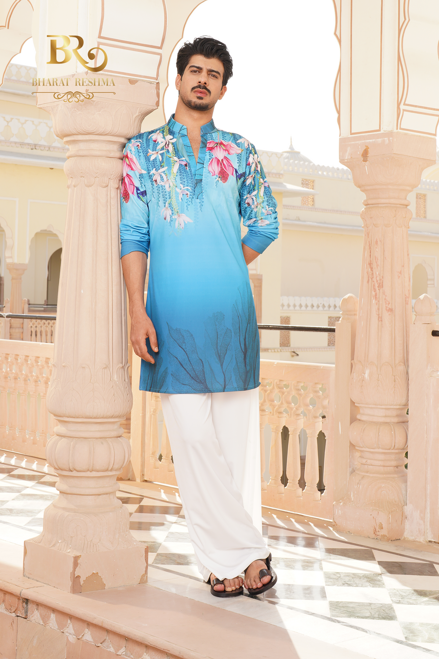 Men's Blue Floral Printed Kurta