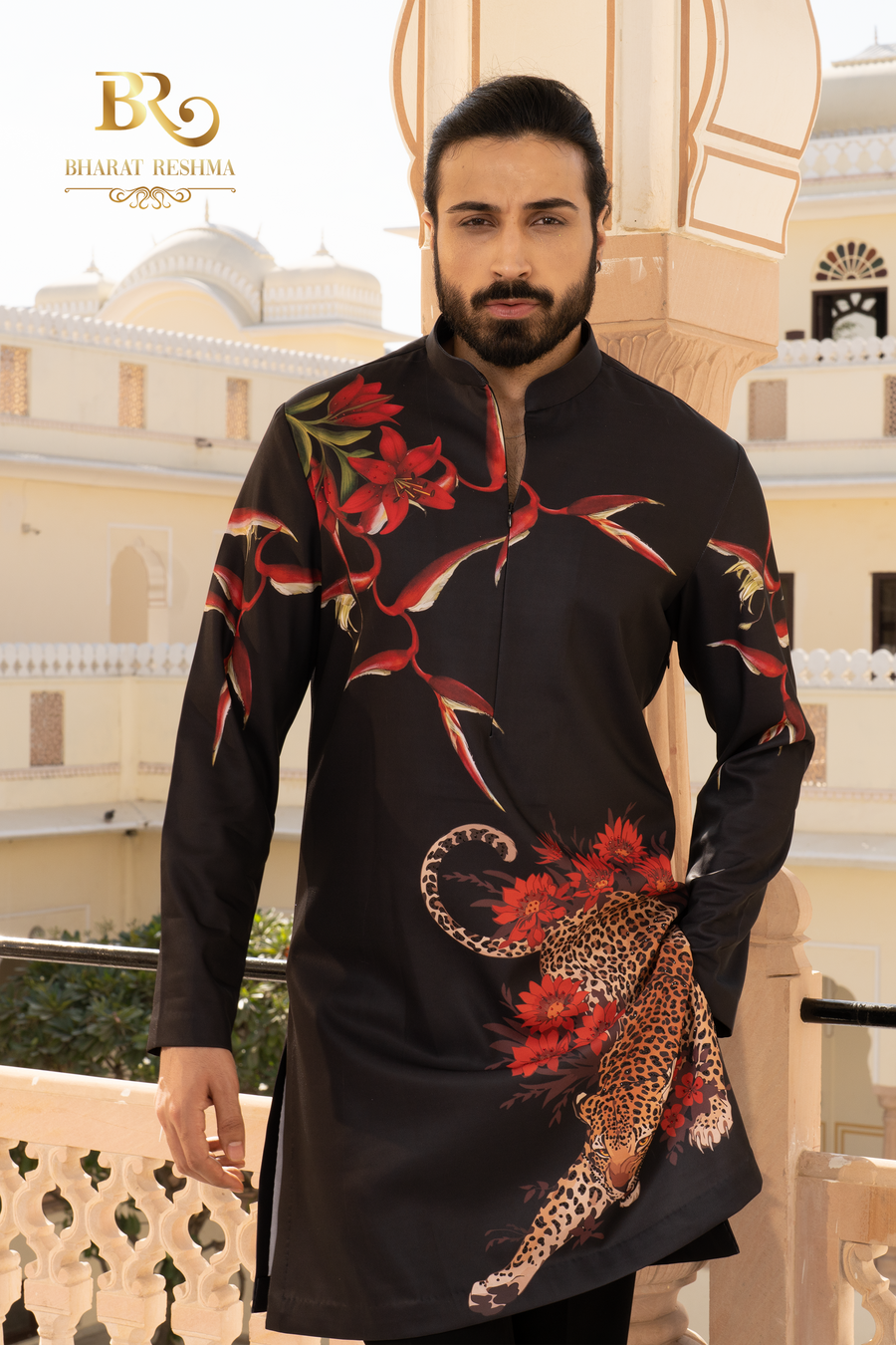 Men's Black Jaguar Printed Kurta