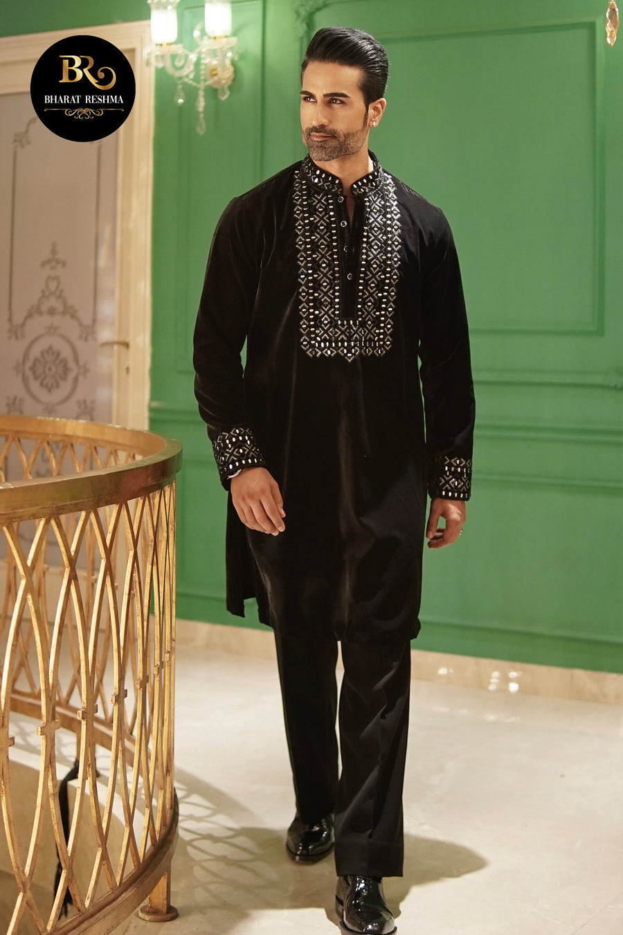 Black Velvet Kurta Set with Mirror Work