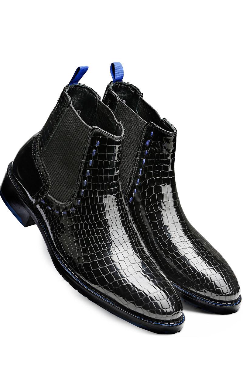 Black Croc-Effect Chelsea Boots with Blue Detailing