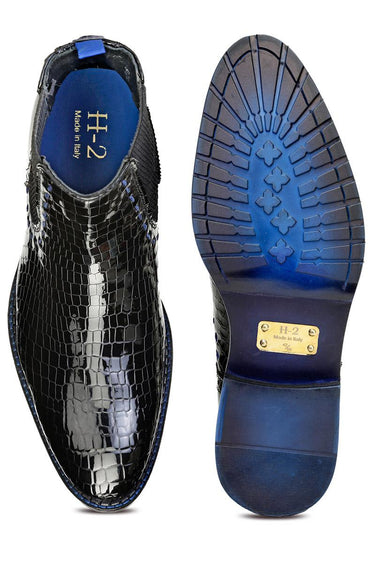 Black Croc-Effect Chelsea Boots with Blue Detailing