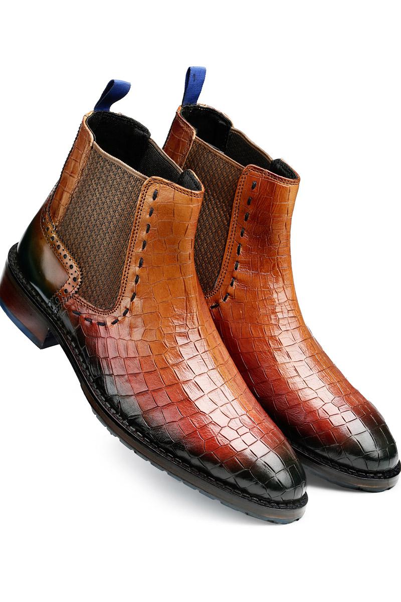 Tan Croc-Texture Leather Chelsea Boots