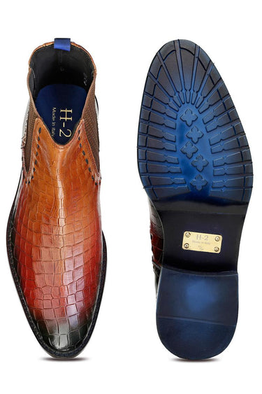 Tan Croc-Texture Leather Chelsea Boots