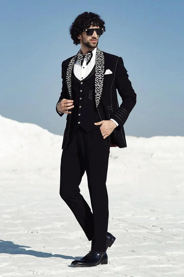 Designer Black Tuxedo 3 Piece Suit - Bharat Reshma