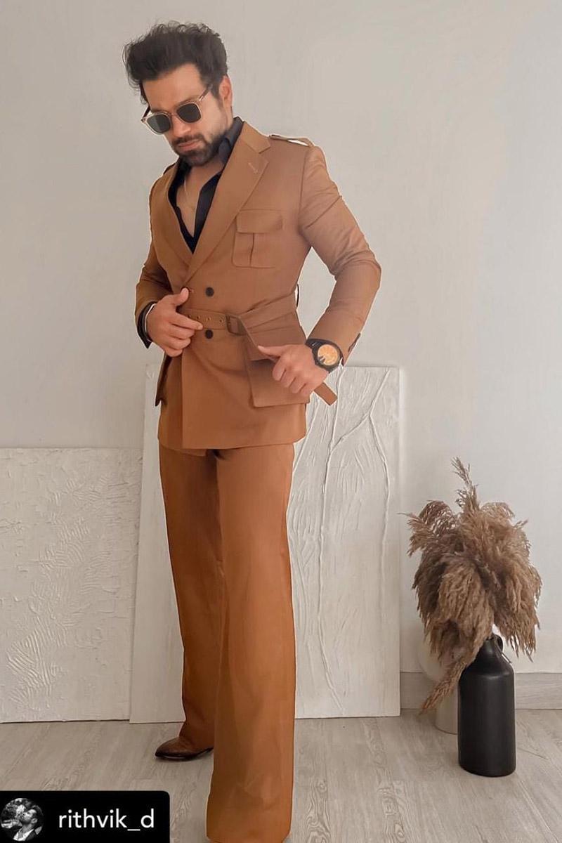 Rithvik Dhanjani In Our Brown Slim-fit Blazer and Pant Set