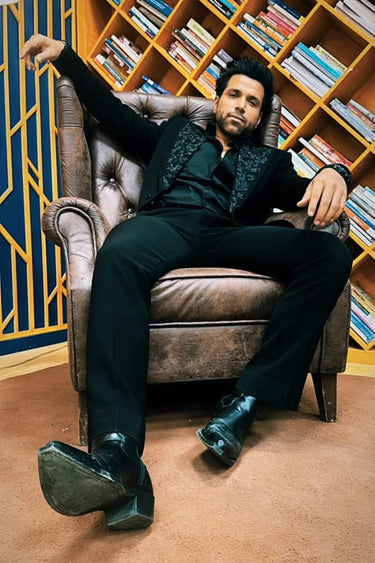 Rithvik in Black blazer with stud embellishment on the collar - Bharat Reshma