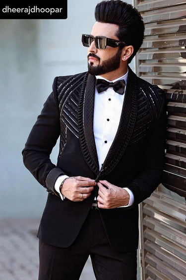 DHEERAJ DHOOPAR in Our Black Designer 2 Piece Suit for Men - Bharat Reshma
