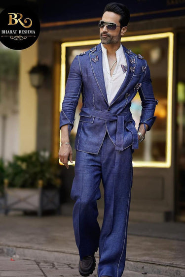 Blue 2 piece suit with hand hamming work