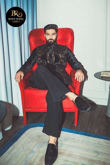 Bismil In Our Black Designer Velvet Kurta Set with Jacket - Bharat Reshma