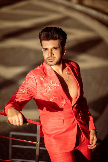 Karan Kundra in Our Red All Season Slim-fit Blazer and Pant Set - Bharat Reshma