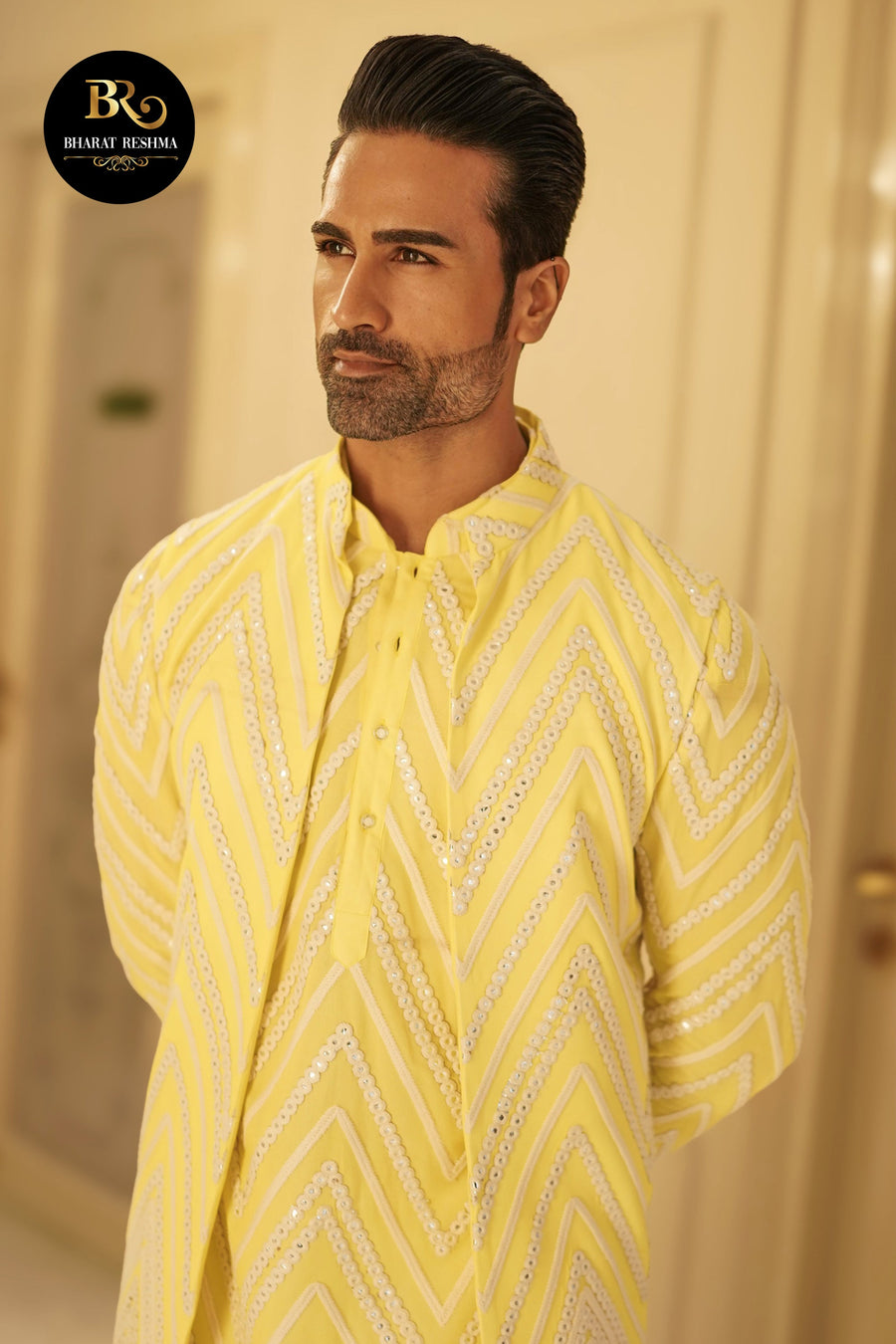 Yellow Resham Embroidered Kurta Set with Jacket