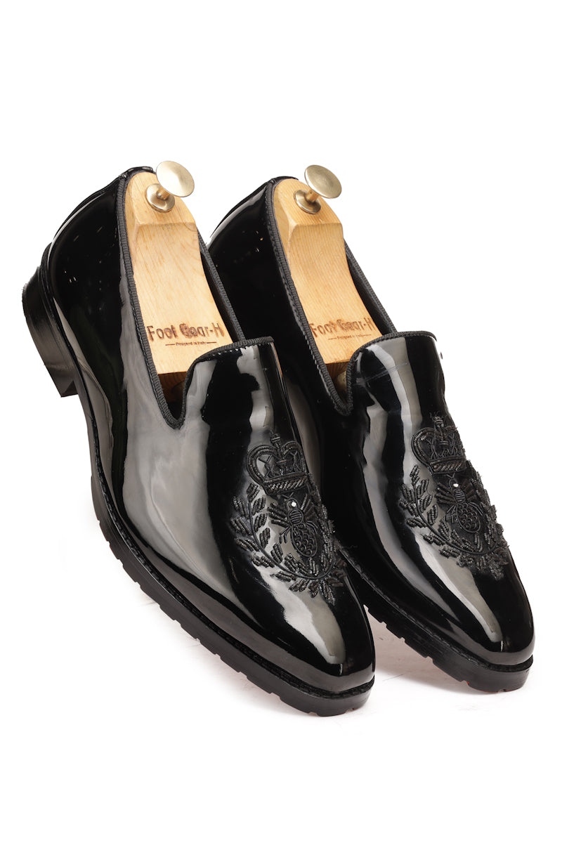 Black Patent Designer Mens's Mojaris with Embroidery