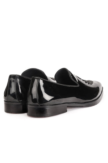Black Patent Designer Mens's Mojaris with Embroidery