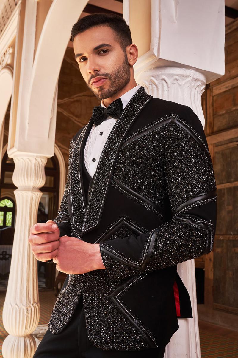 Black Embroidered Studs Tuxedo Set