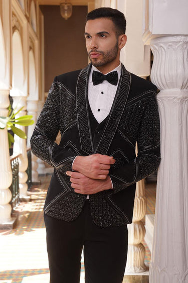 Black Embroidered Studs Tuxedo Set