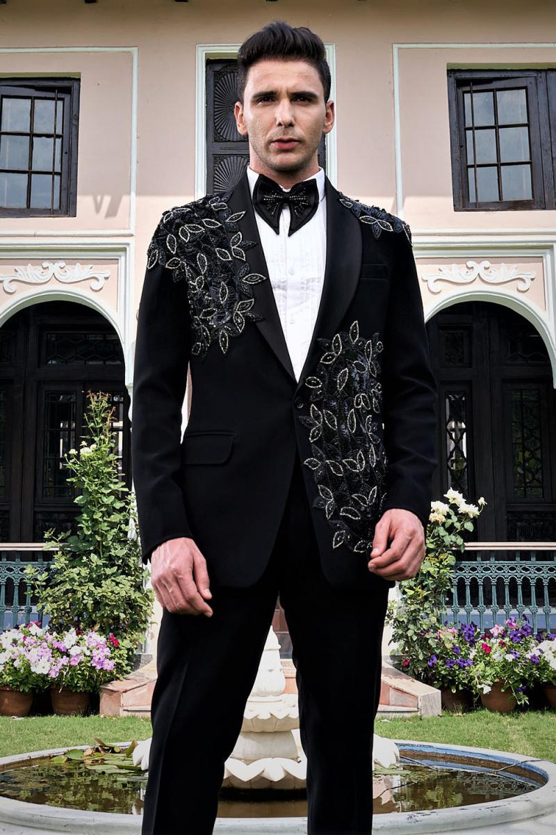 Black Embroidered Moti and Cutdana Tuxedo Set