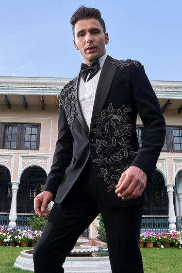 Black Embroidered Moti and Cutdana Tuxedo Set