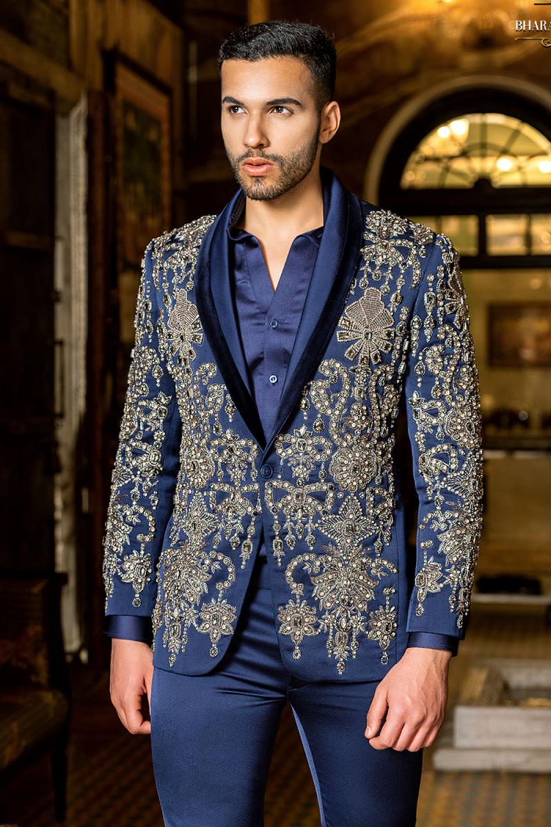 Blue Embellished Bead Tuxedo Set