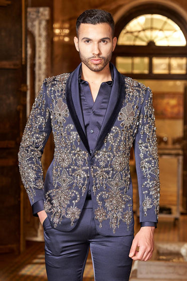 Blue Embellished Bead Tuxedo Set