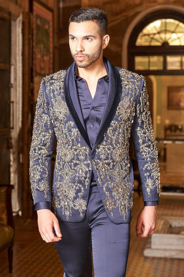 Blue Embellished Bead Tuxedo Set