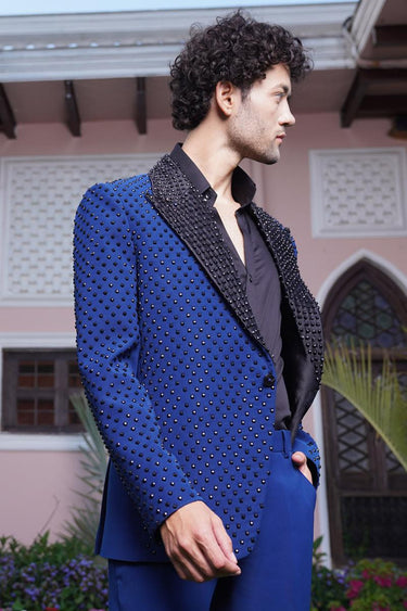 Blue Italian Designer Tuxedo Set with Hand Embroidery