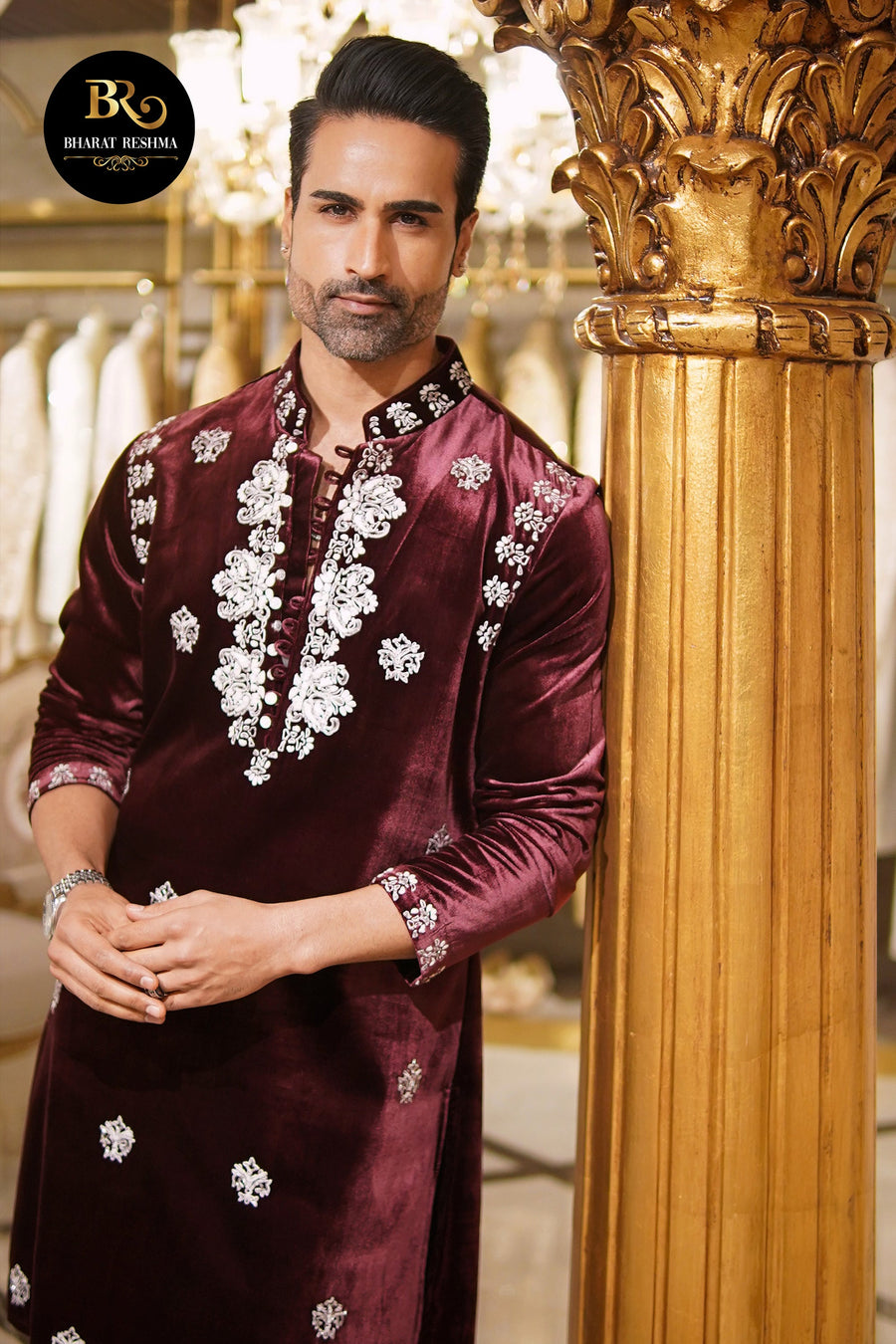 Maroon Designer Kurta Set with Resham Embroidered