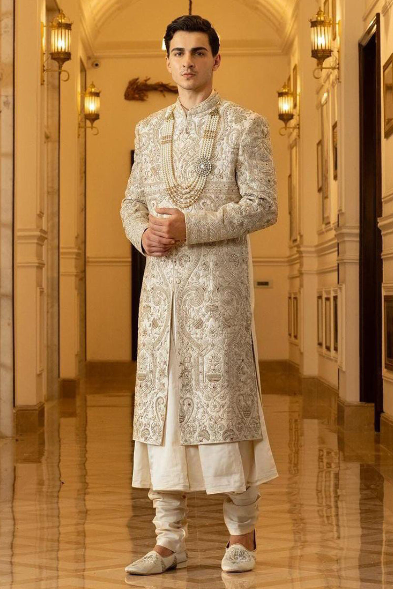 Ethnic Ivory Embroidered Sherwani for Groom