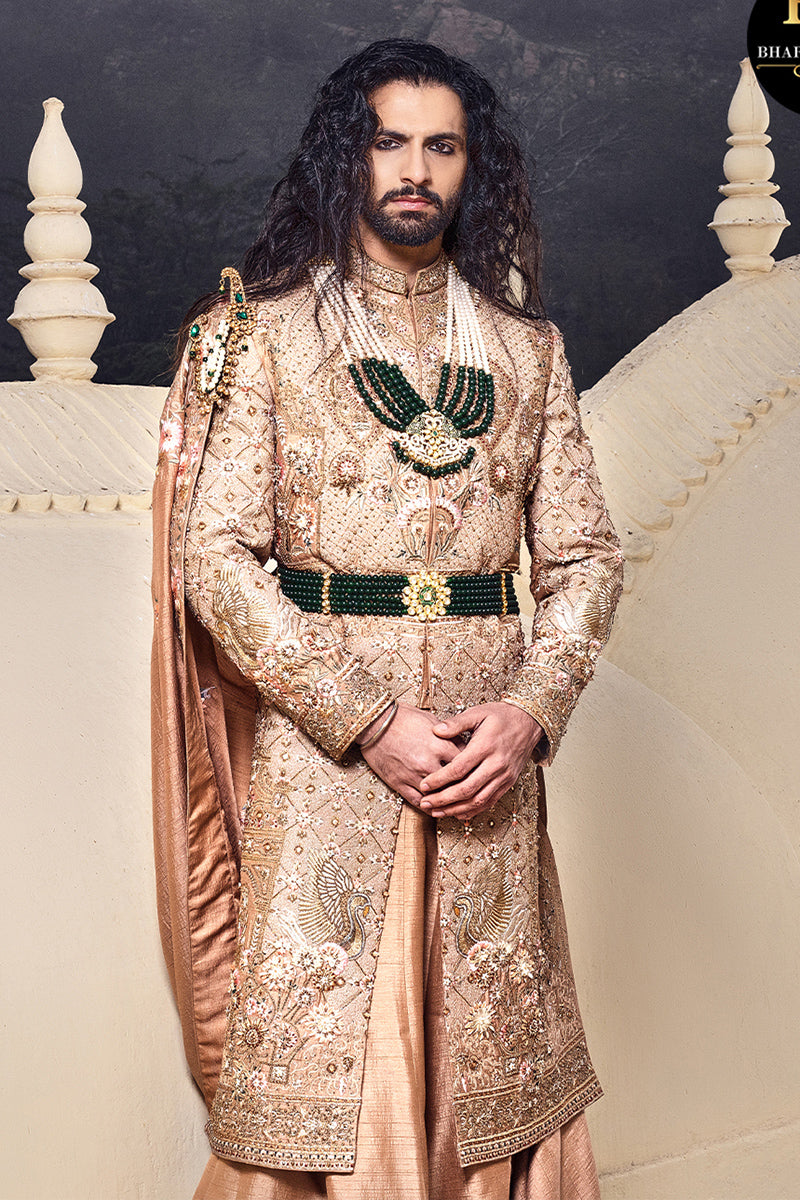 Beige Hand Embroidered Sherwani Set