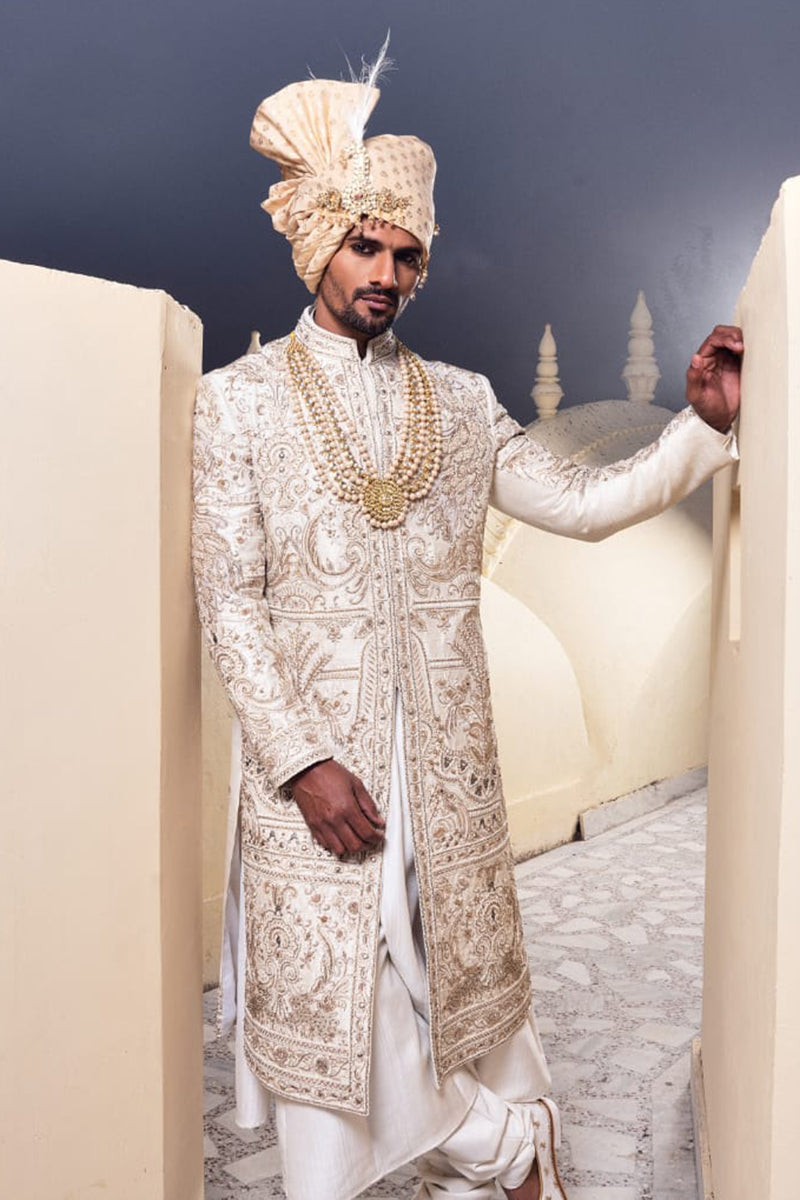 Ivory Silk Embroidery Thread Flower Sherwani Set