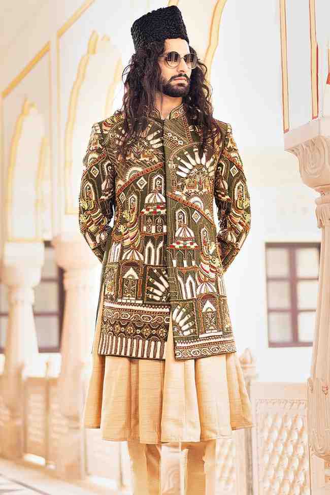 Nawabi Indo-Western Kurta with Multicolour Resham Work