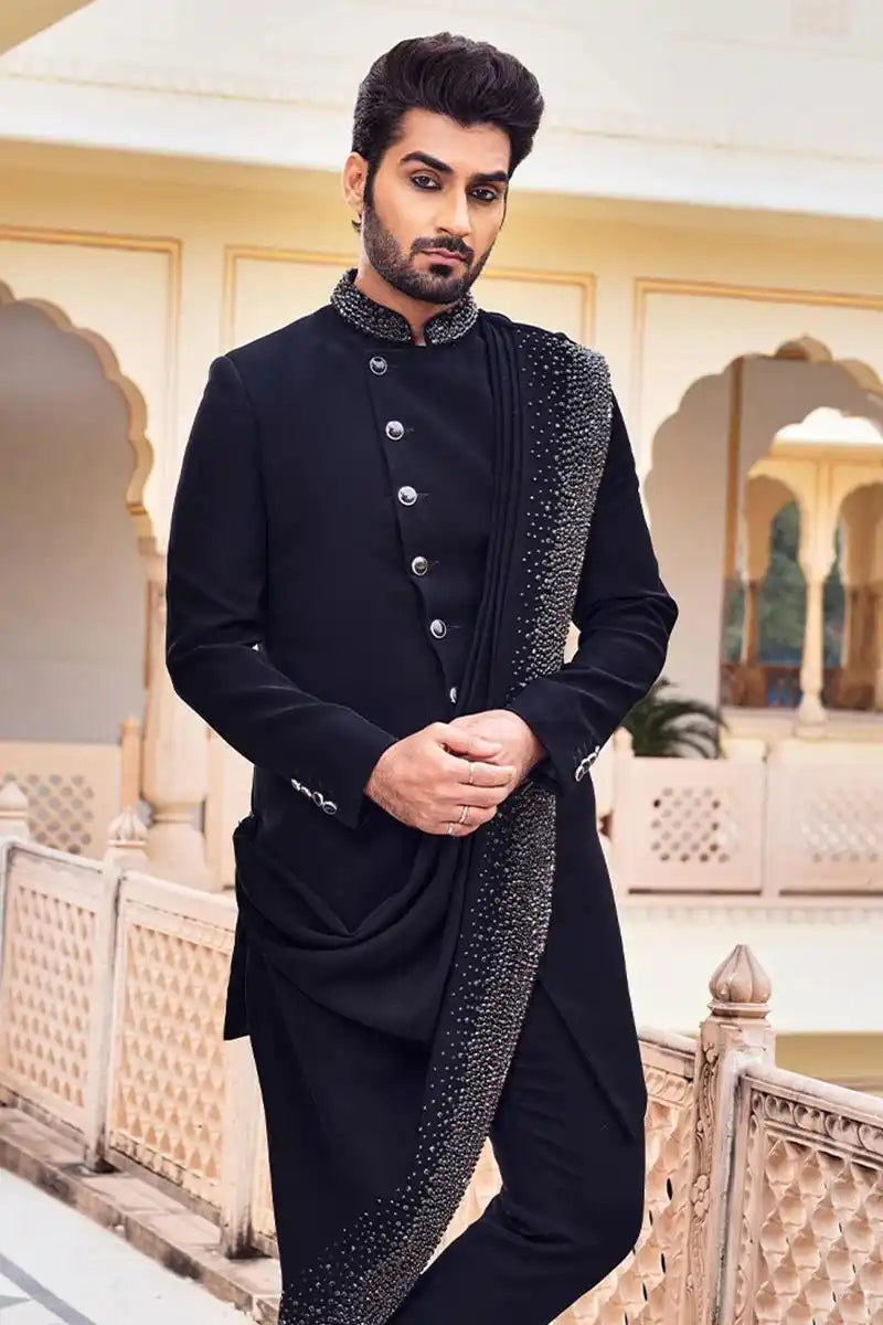 Midnight Black Indo-Western with Jarkan Stone Detailing
