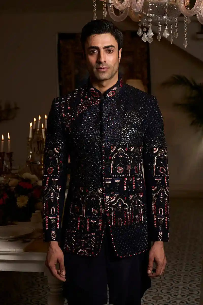 Heavy Work Blue Denim Bandhgala Suit