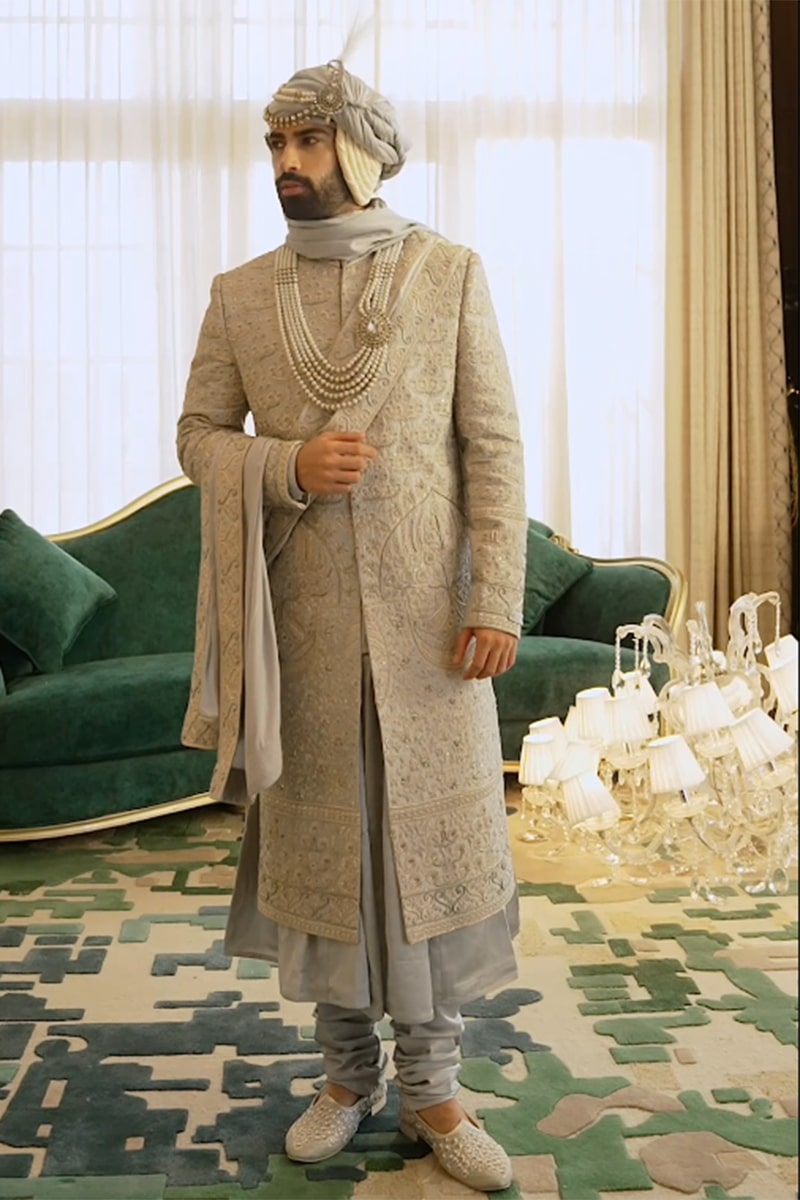Designer Grey Silk Wedding Sherwani for Men | Groom Sherwani Set
