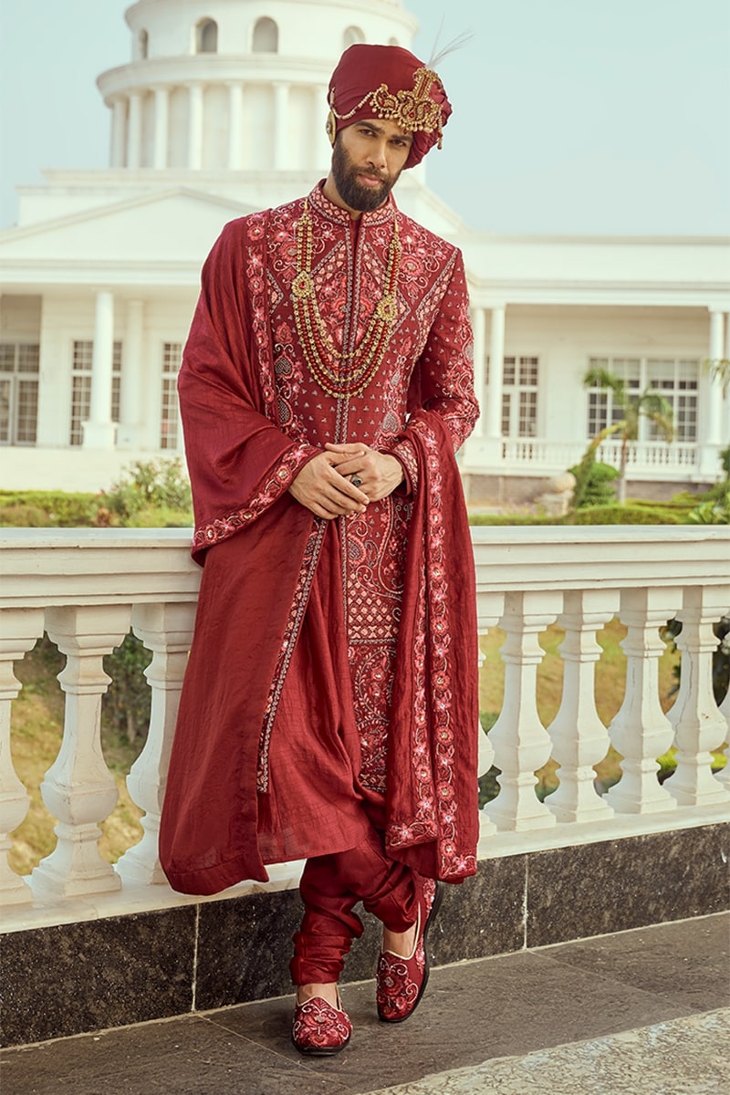 Ruby Red Hand Embroidered Groom Sherwani Set