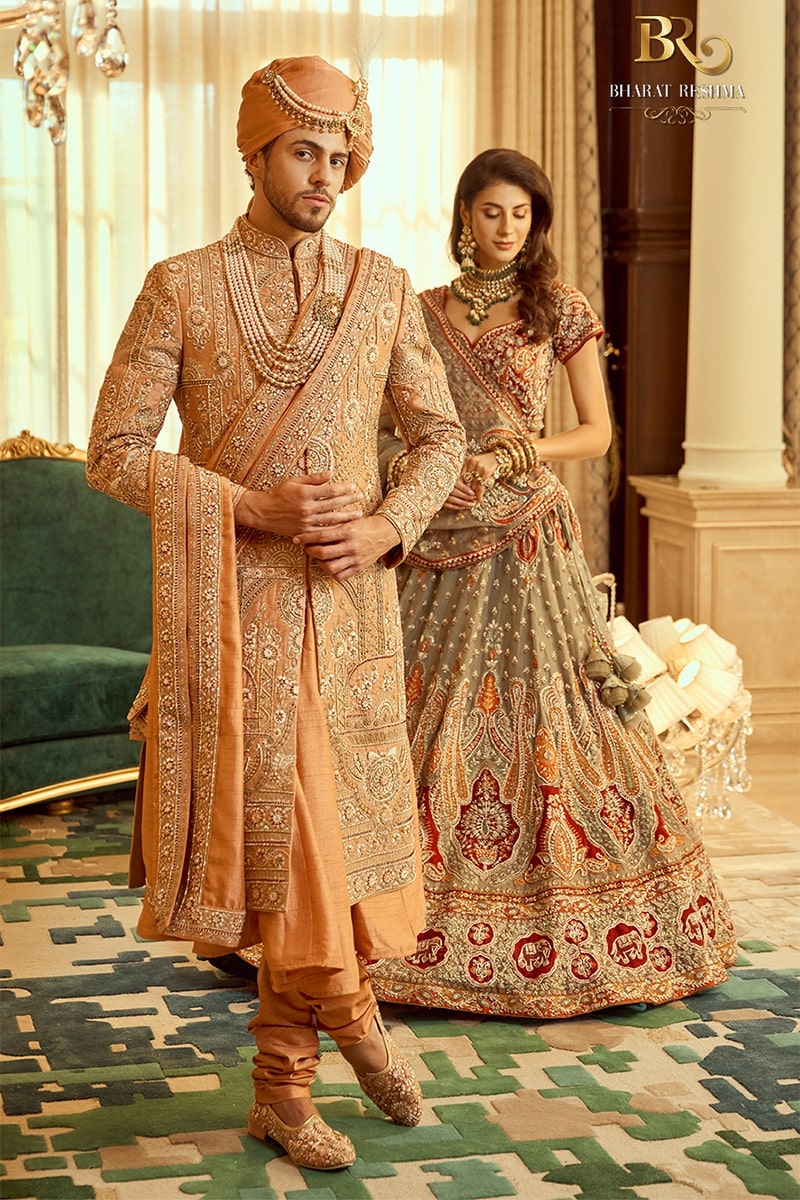 Orange Hand Embroidered Silk Sherwani for Groom