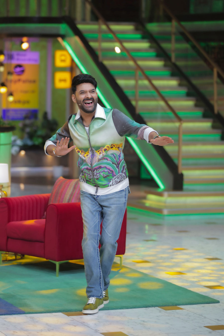 Exclusive Satin Digital Print Zip-Up Jacket Worn by Kapil Sharma