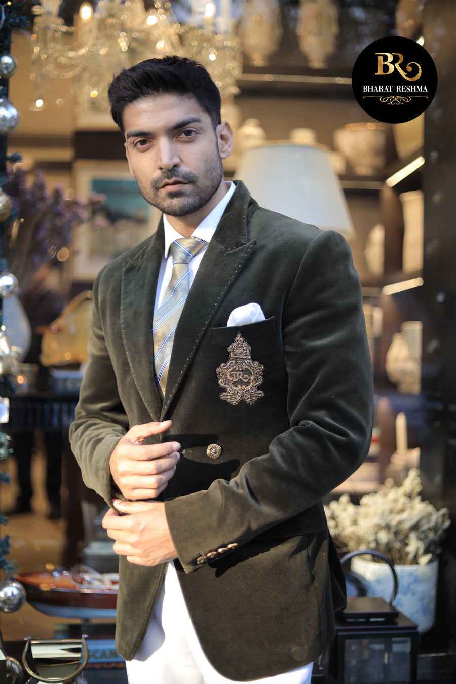 Gurmeet Chaudhary in Our Juniper Green Velvet Tuxedo