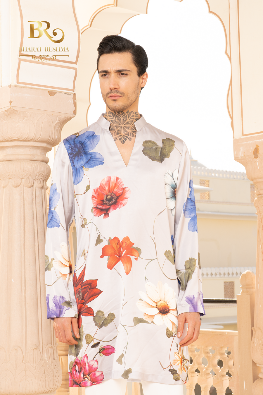 Gray floral digital print kurta set