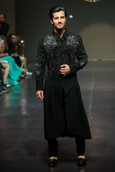 Designer Black Men's Gown with Unique Cuts & Embroidery